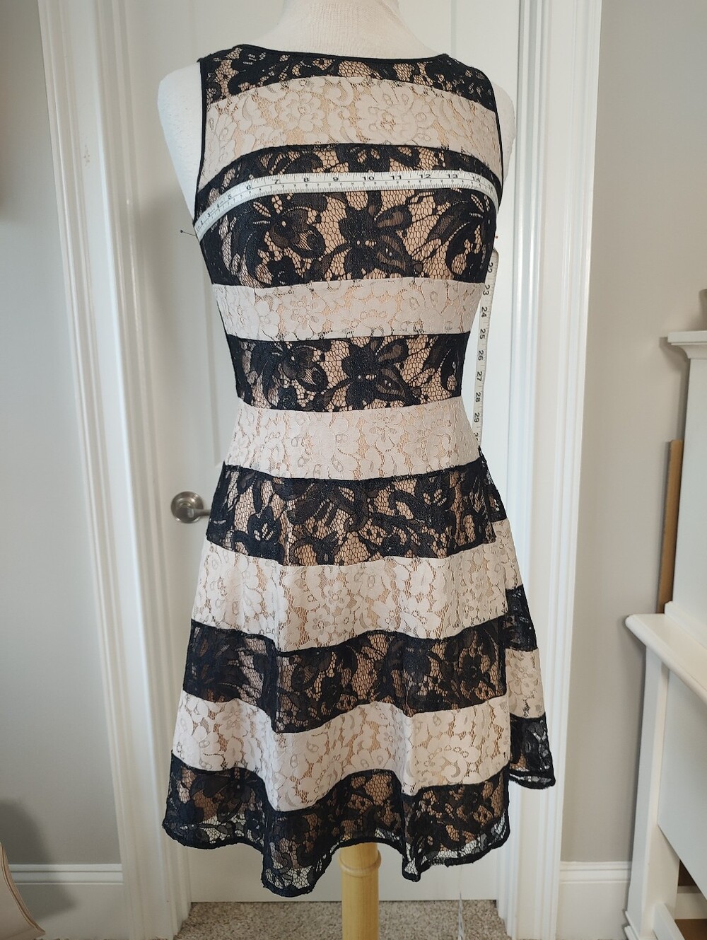 Jessica Simpson Black and Cream Lace Stripe Mini Dress